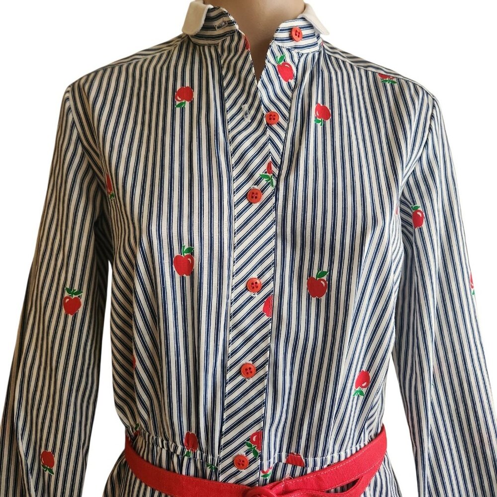 Vintage Lanz 1970s Belted Shirt Dress Teacher Apple Stripes Print Size 11/12 - Picture 3 of 16